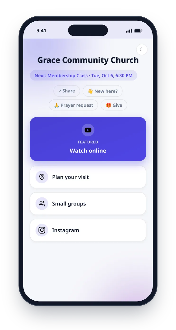 Grace Community Church's links page on a phone