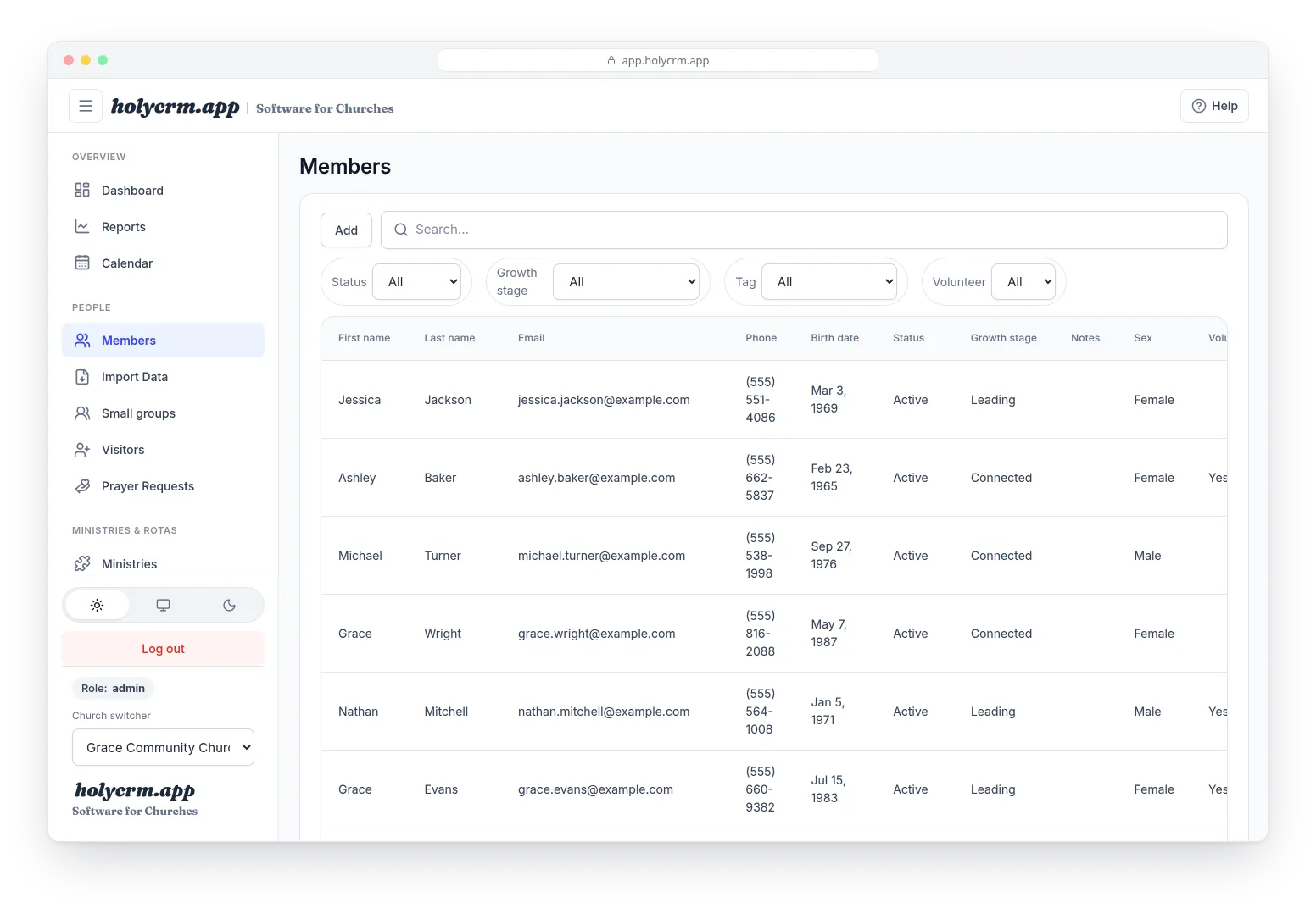 The members directory with filters by status, stage and tag