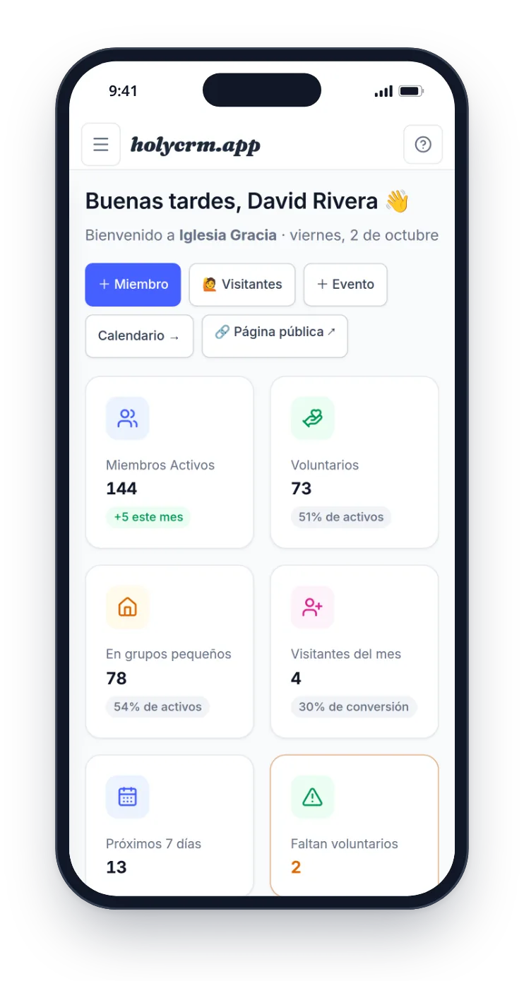 El dashboard de la iglesia en un celular