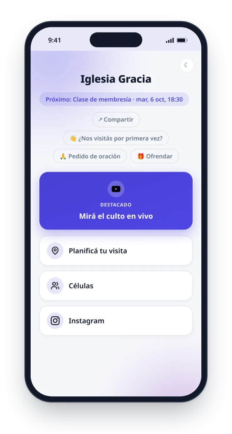 La página de enlaces de Iglesia Gracia en un celular