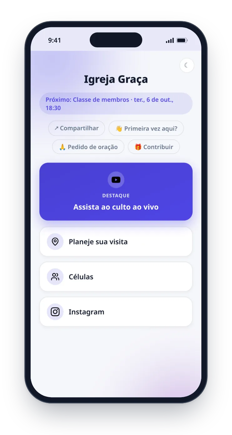 A página de links da Igreja Graça em um celular